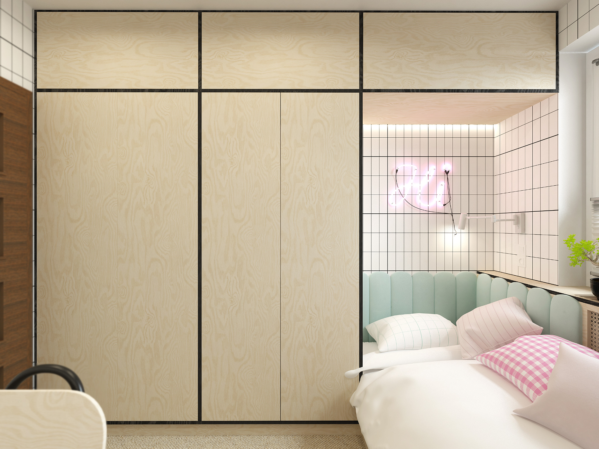 Nowoczesna sypialnia z zabudową szaf z jasnego drewna, łóżkiem z pastelowym zagłówkiem i neonowym napisem na ścianie z białych płytek.