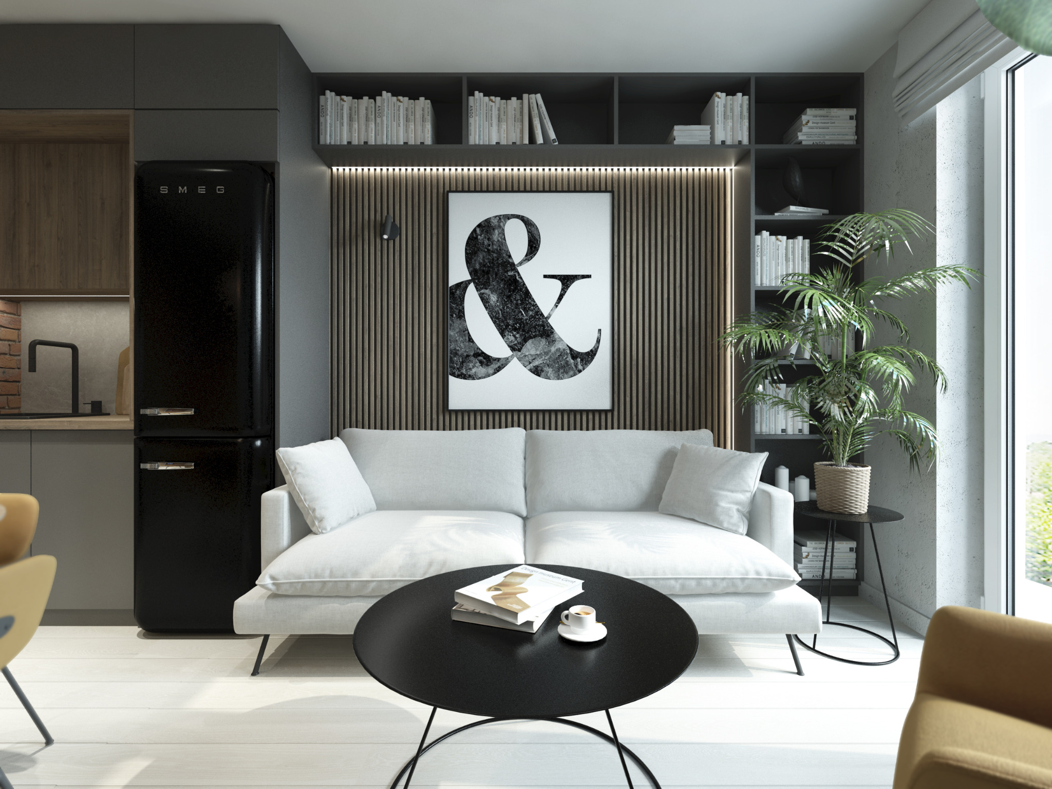 Salon w stylu nowoczesnym z białą sofą, czarnym stolikiem kawowym z książkami i filiżanką, czarną lodówką Smeg i ścianą z drewnianych paneli z grafiką ampersanda.