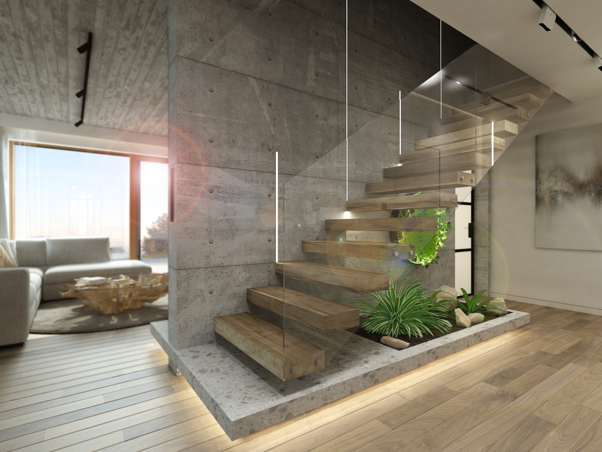 Nowoczesne schody z drewnianymi stopniami i szklaną balustradą, zintegrowane z betonową ścianą i roślinnością doniczkową u podstawy, w przestronnym wnętrzu z drewnianą podłogą i widokiem na zewnątrz.