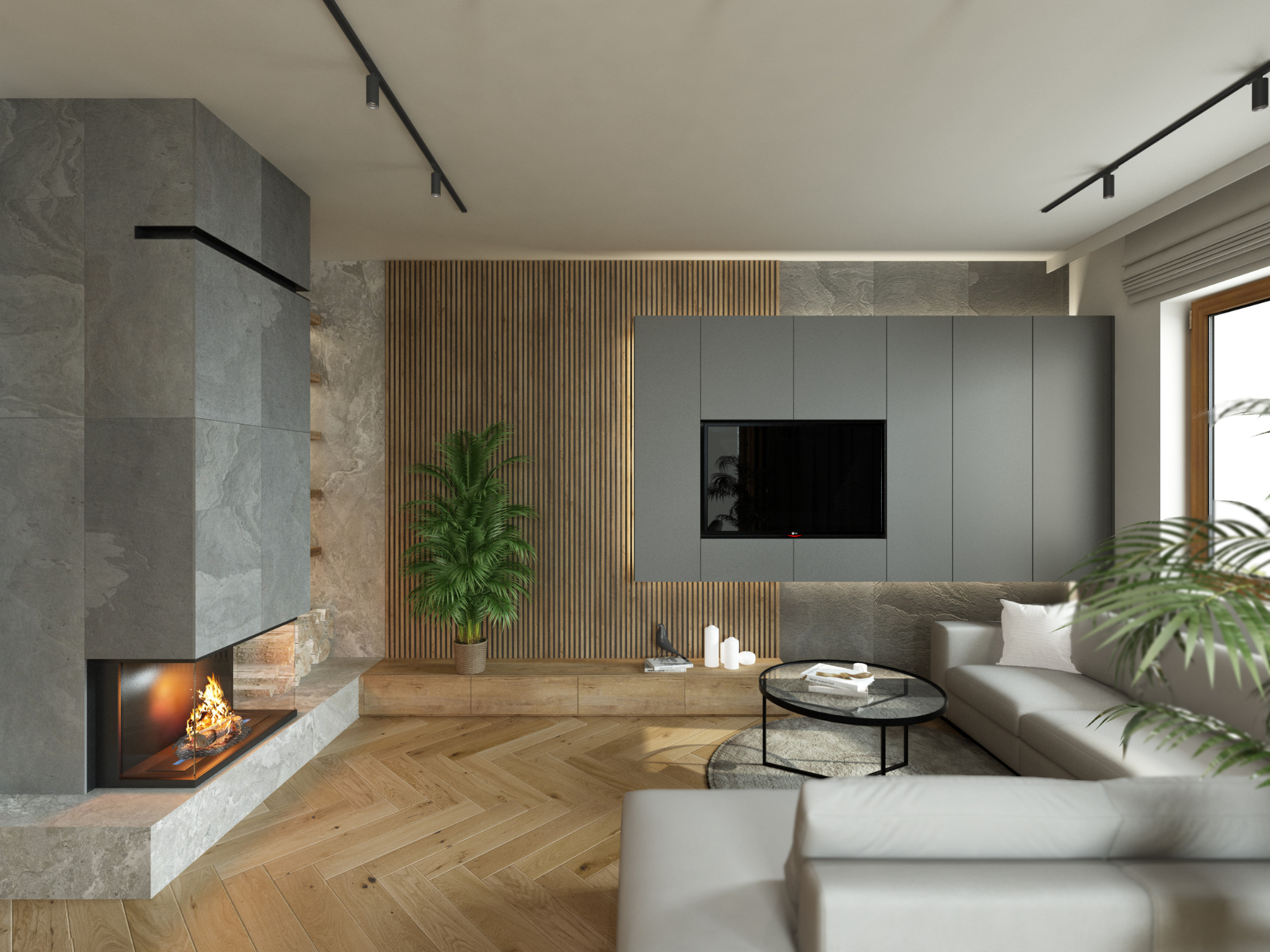 Nowoczesny salon z kamiennym kominkiem narożnym, drewnianą ścianą z lamelami, szarą zabudową telewizyjną, parkietem w jodełkę i roślinami doniczkowymi.
