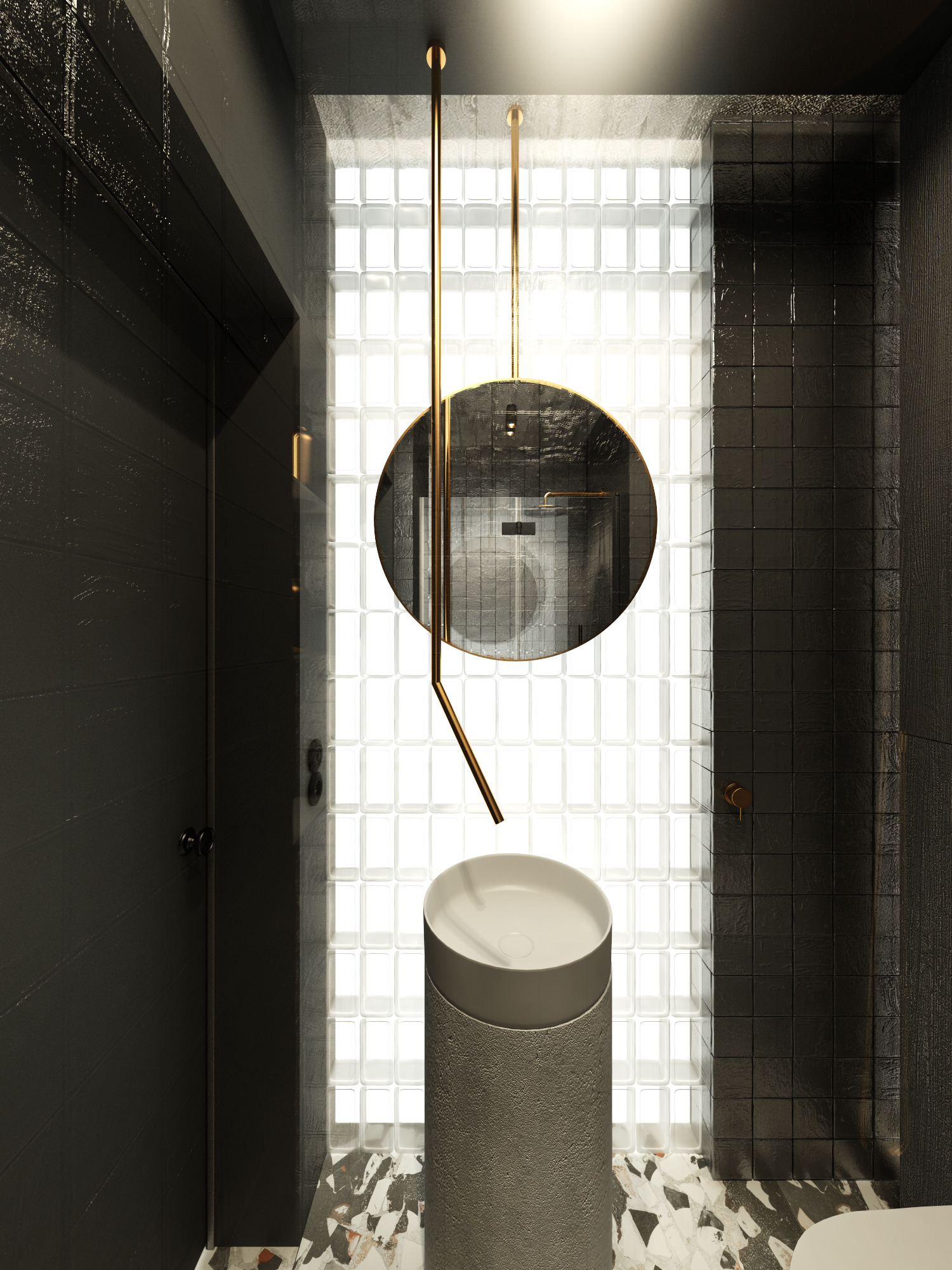 Nowoczesna łazienka z umywalką na postumencie, okrągłym lustrem zawieszonym na złotych prętach i ścianą z luksferów, czarne płytki na ścianach i mozaika na podłodze.