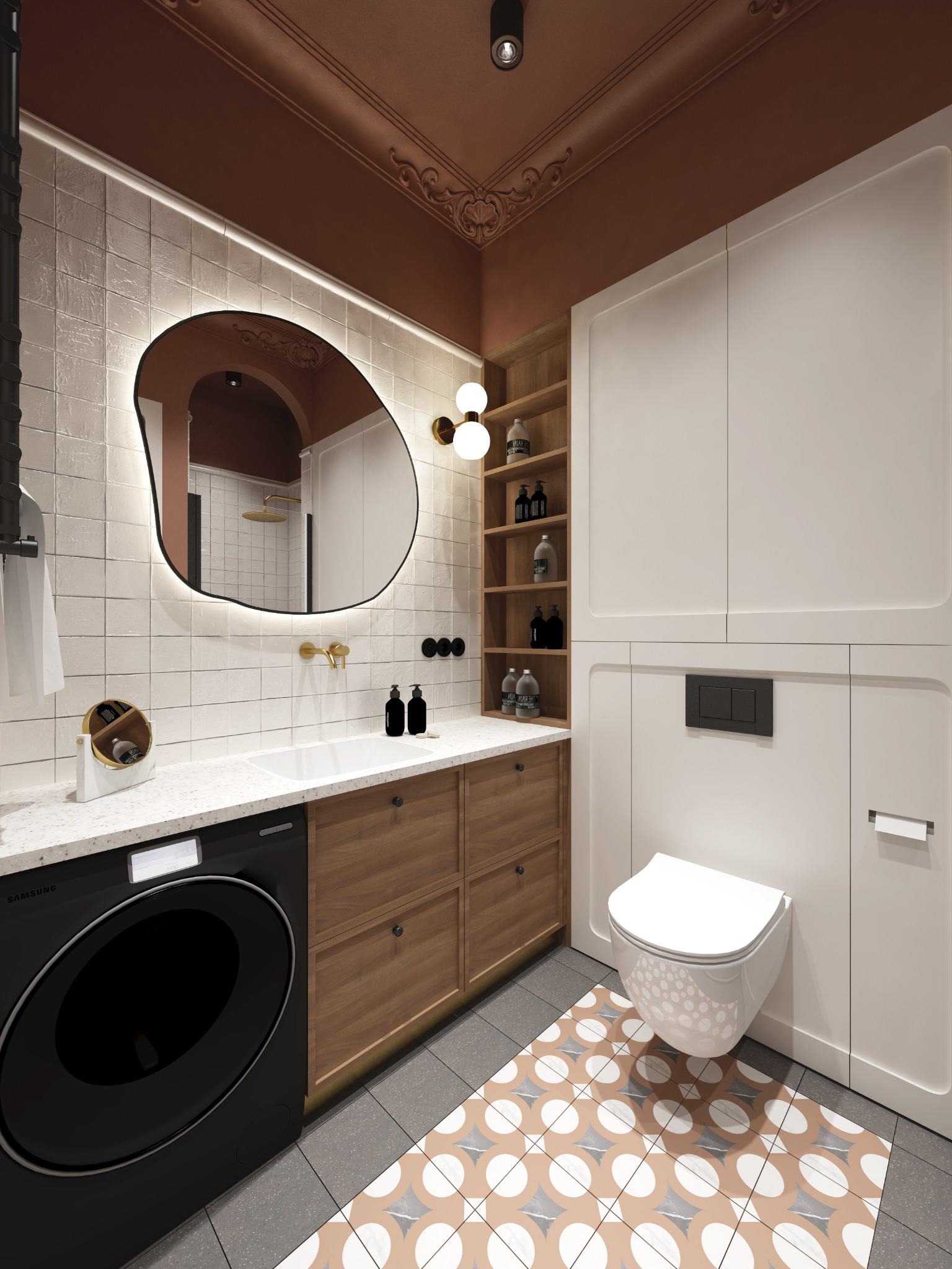 Nowoczesna łazienka z umywalką wbudowaną w drewnianą szafkę, czarną pralką Samsung, toaletą wiszącą i okrągłym lustrem z podświetleniem LED.