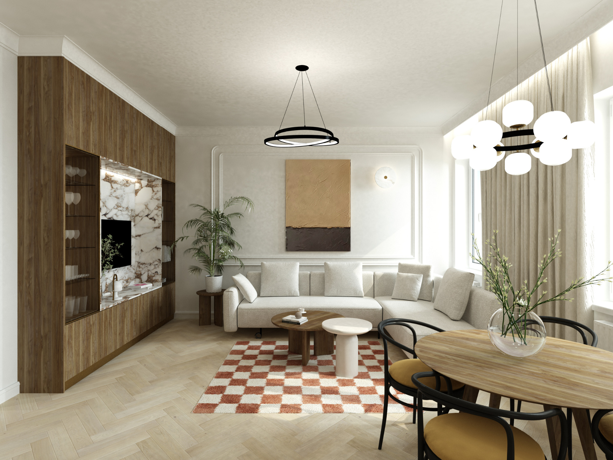 Wnętrze salonu z drewnianą zabudową, marmurowym wykończeniem, narożną sofą, okrągłym stołem i krzesłami z żółtymi siedziskami, oświetlone nowoczesnymi lampami.