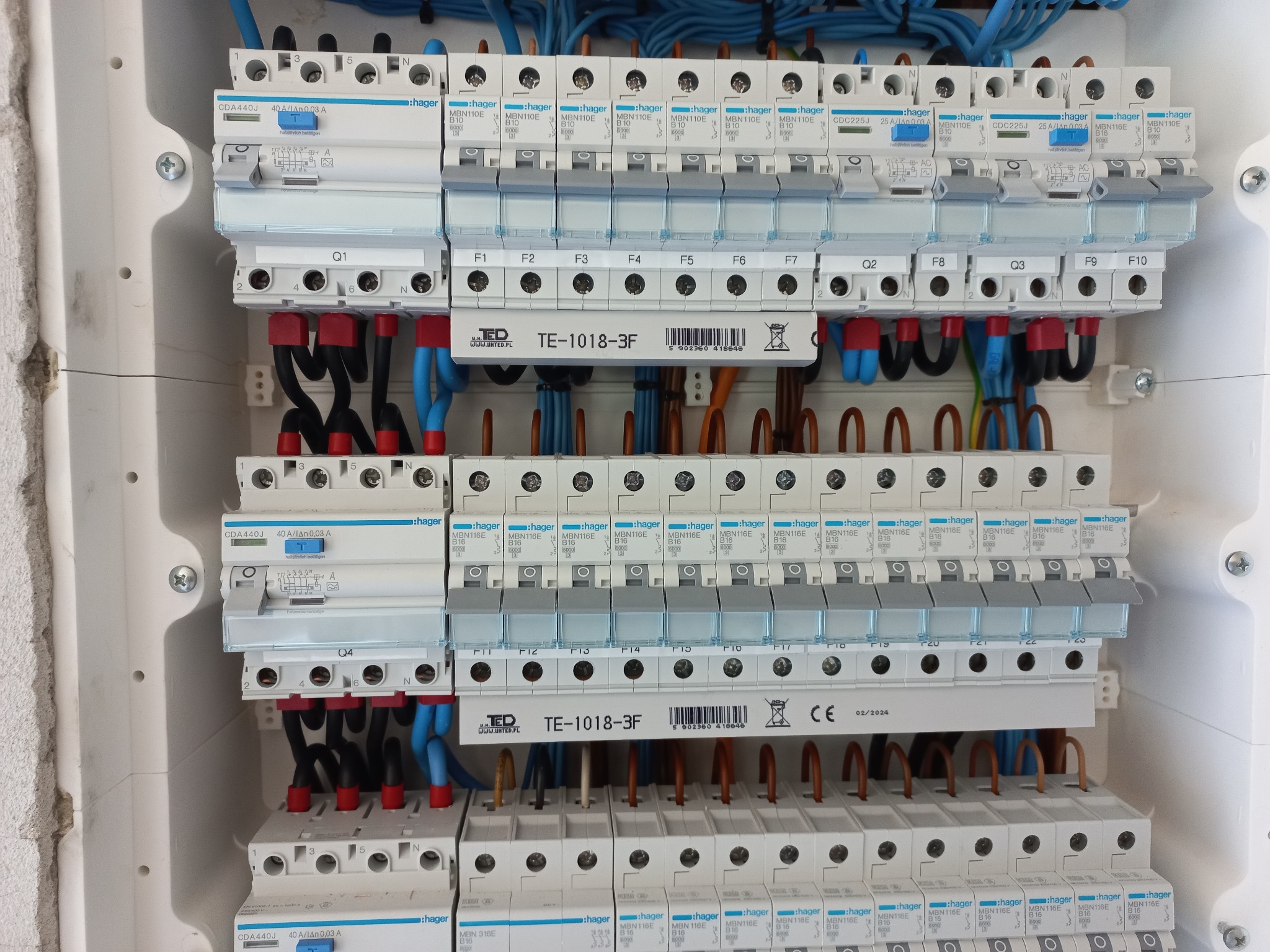 Rozdzielnia elektryczna Hager z bezpiecznikami i przewodami w Przysiekach. Widoczne oznaczenia i podłączenia, schludne ułożenie kabli.