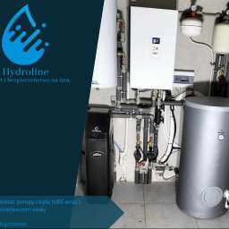 HYDROLINE SPÓŁKA Z OGRANICZONĄ ODPOWIEDZIALNOŚCIĄ - Zestaw instalacji grzewczej w kotłowni: biała pompa ciepła NIBE, srebrny zasobnik ciepłej wody, czarny zmiękczacz wody Aquapoland UNICO, liczne rury i zawory.