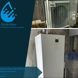 HYDROLINE SPÓŁKA Z OGRANICZONĄ ODPOWIEDZIALNOŚCIĄ - Zamontowana pompa ciepła NIBE z jednostką zewnętrzną i uzdatniaczem wody w pomieszczeniu technicznym, widoczne rury i zawory, surowa ściana w tle.