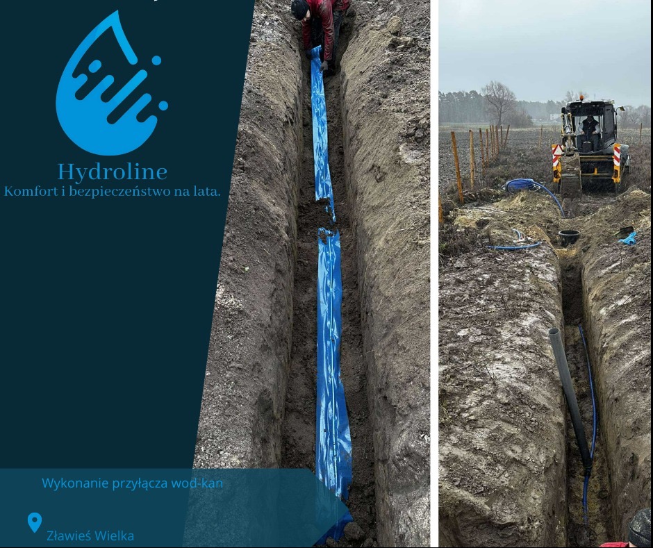 Wykop z zabezpieczeniem w postaci niebieskiej folii, układanie rur wodno-kanalizacyjnych, w tle traktor i krajobraz polny.