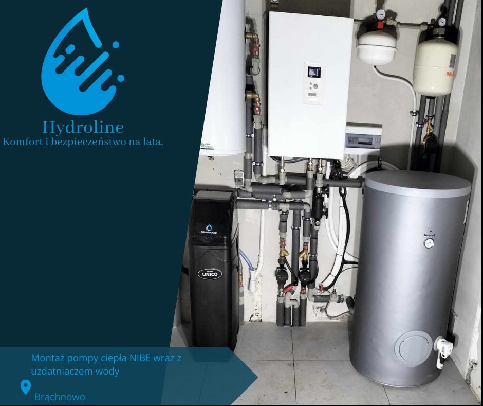 Zestaw instalacji grzewczej w kotłowni: biała pompa ciepła NIBE, srebrny zasobnik ciepłej wody, czarny zmiękczacz wody Aquapoland UNICO, liczne rury i zawory.