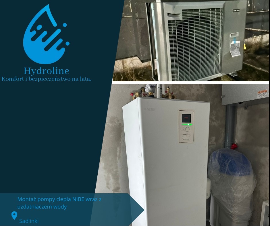 Zamontowana pompa ciepła NIBE z jednostką zewnętrzną i uzdatniaczem wody w pomieszczeniu technicznym, widoczne rury i zawory, surowa ściana w tle.