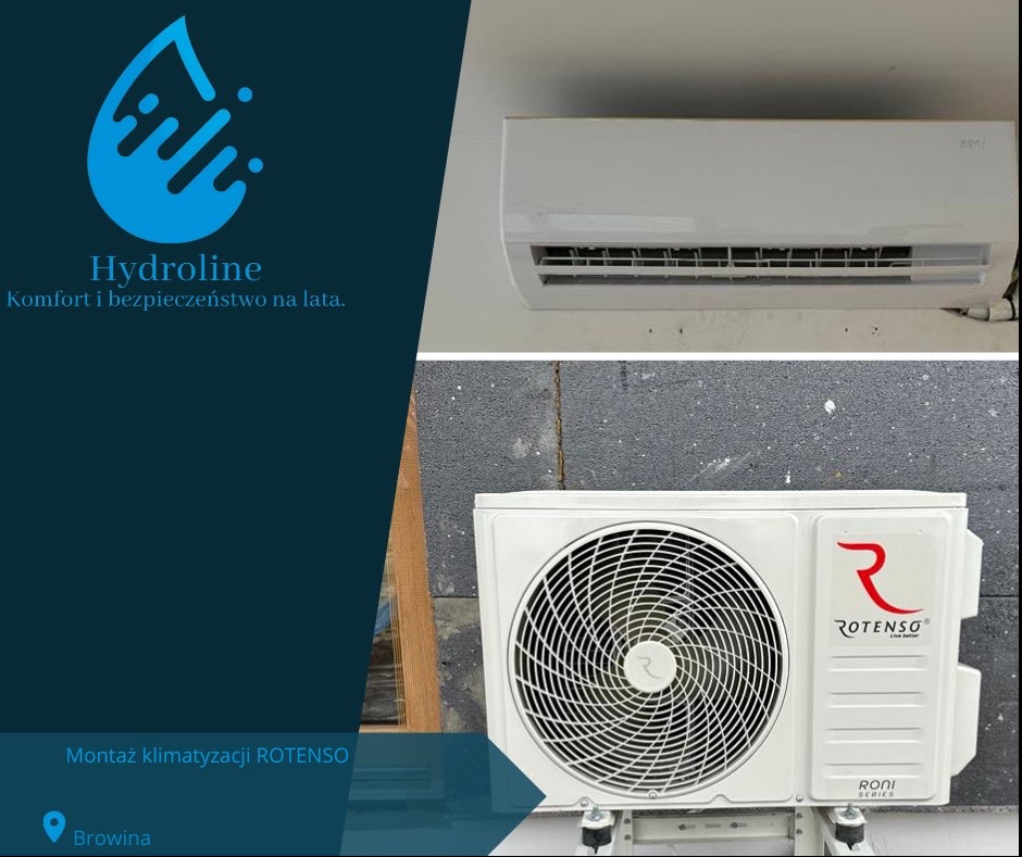 Grafika reklamowa firmy Hydroline prezentująca zamontowaną klimatyzację Rotenso, z widoczną jednostką wewnętrzną i zewnętrzną, oraz logo firmy i informacją o montażu w Browinie.
