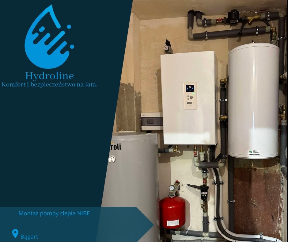 Zestaw urządzeń grzewczych: biała pompa ciepła NIBE wisząca na ścianie, obok biały zasobnik ciepłej wody, szary zbiornik buforowy i czerwone naczynie przeponowe, połączone rurami w kotłowni...