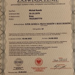 Zaświadczenie potwierdzające uzyskanie wiedzy i kwalifikacji w zakresie prowadzenia uproszczonej księgowości KPiR.