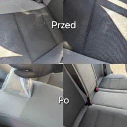 Czterodzielne zdjęcie przedstawia szarą tapicerkę samochodową przed i po czyszczeniu. Górna połowa pokazuje zabrudzone siedzenie, a dolna połowa pokazuje czyszczenie tapicerki ręcznym odkurzaczem...