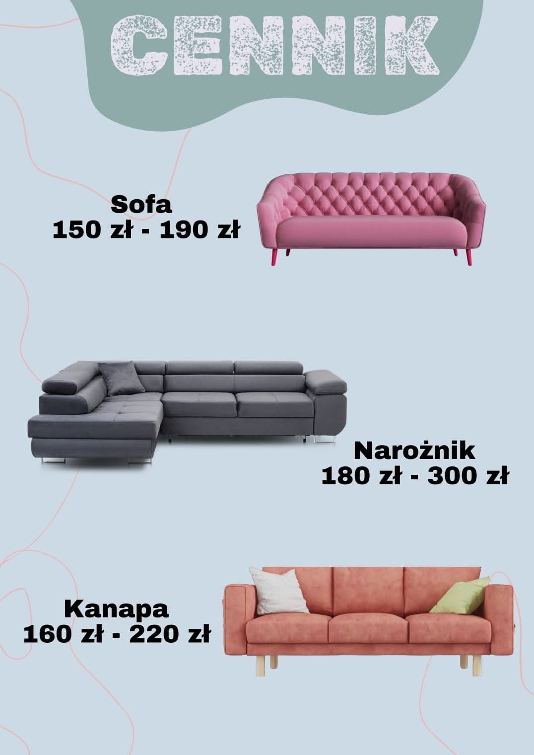 Cennik usług z przykładami cen dla sofy w kolorze pudrowego różu z pikowaniem, szarego narożnika z poduszką oraz łososiowej kanapy z dwoma poduszkami na jasnym tle.