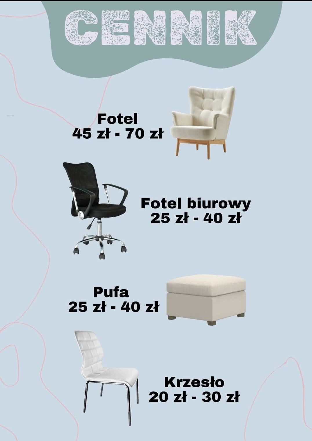 Grafika przedstawiająca cennik foteli, krzeseł biurowych, puf i krzeseł w minimalistycznym stylu, z podanymi cenami w złotych.