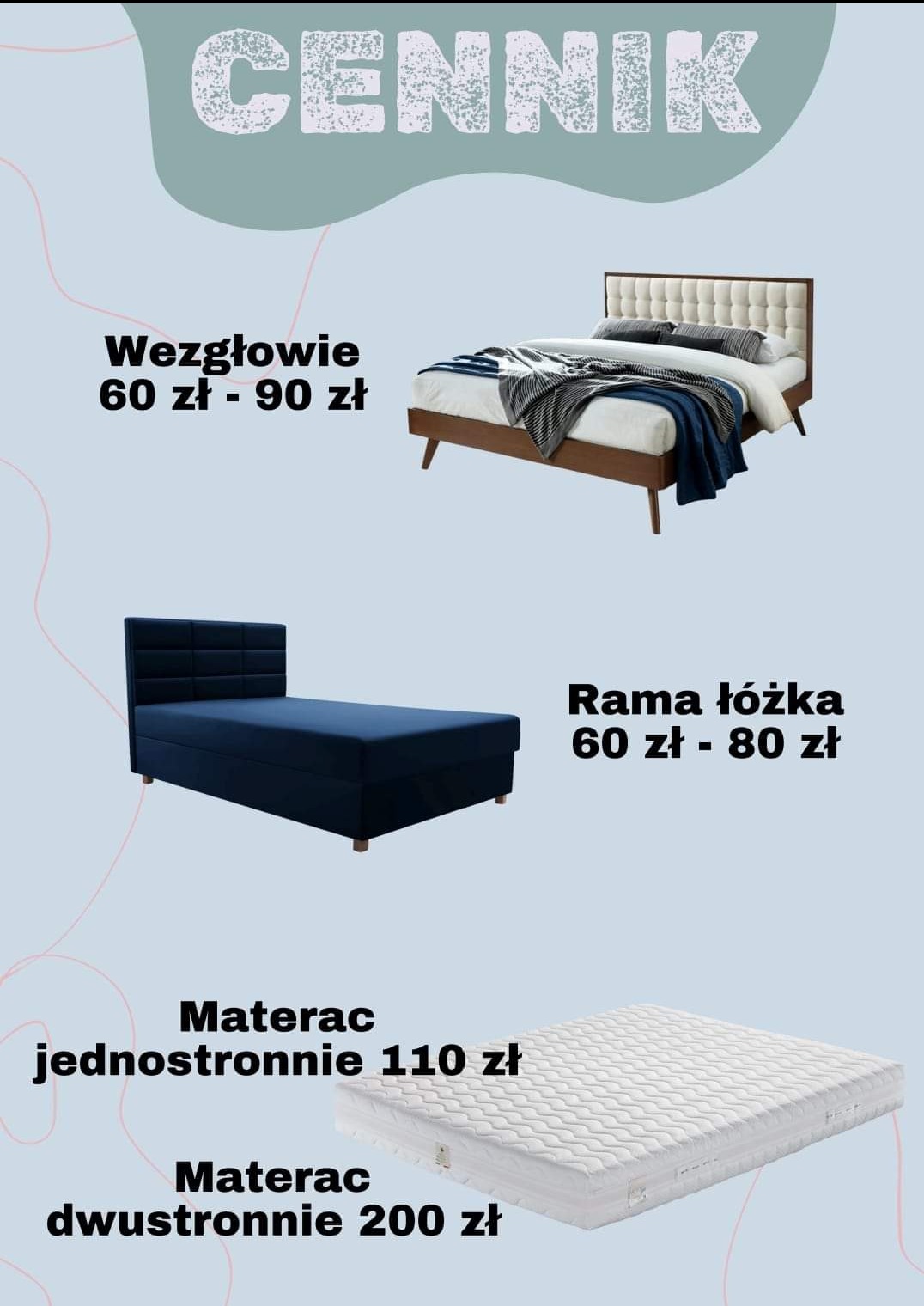 Grafika informacyjna prezentująca cennik elementów łóżka: wezgłowia, ramy i materaca jedno- i dwustronnego, z podanymi cenami w złotych.