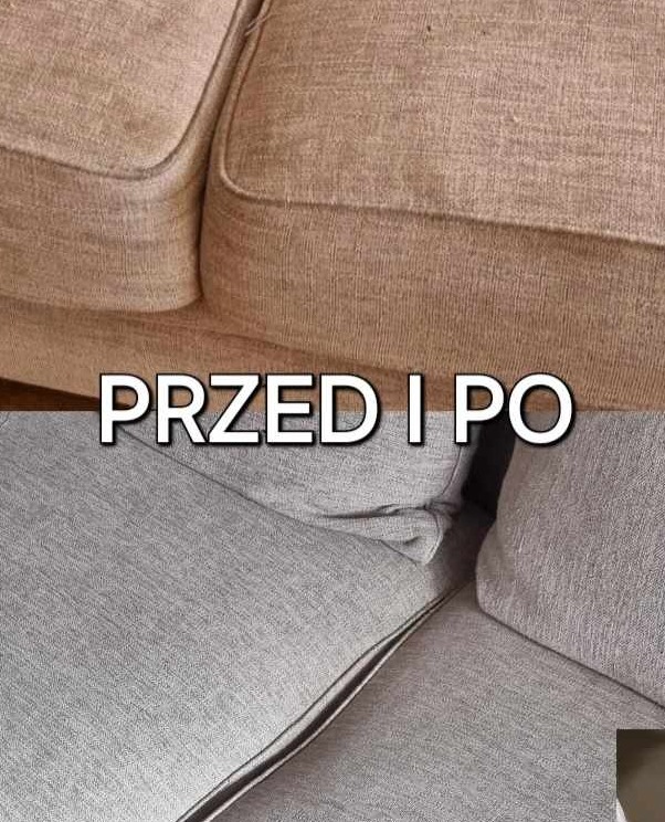 Porównanie stanu sofy przed i po czyszczeniu: górna część beżowa, zabrudzona, dolna część szara, odświeżona.