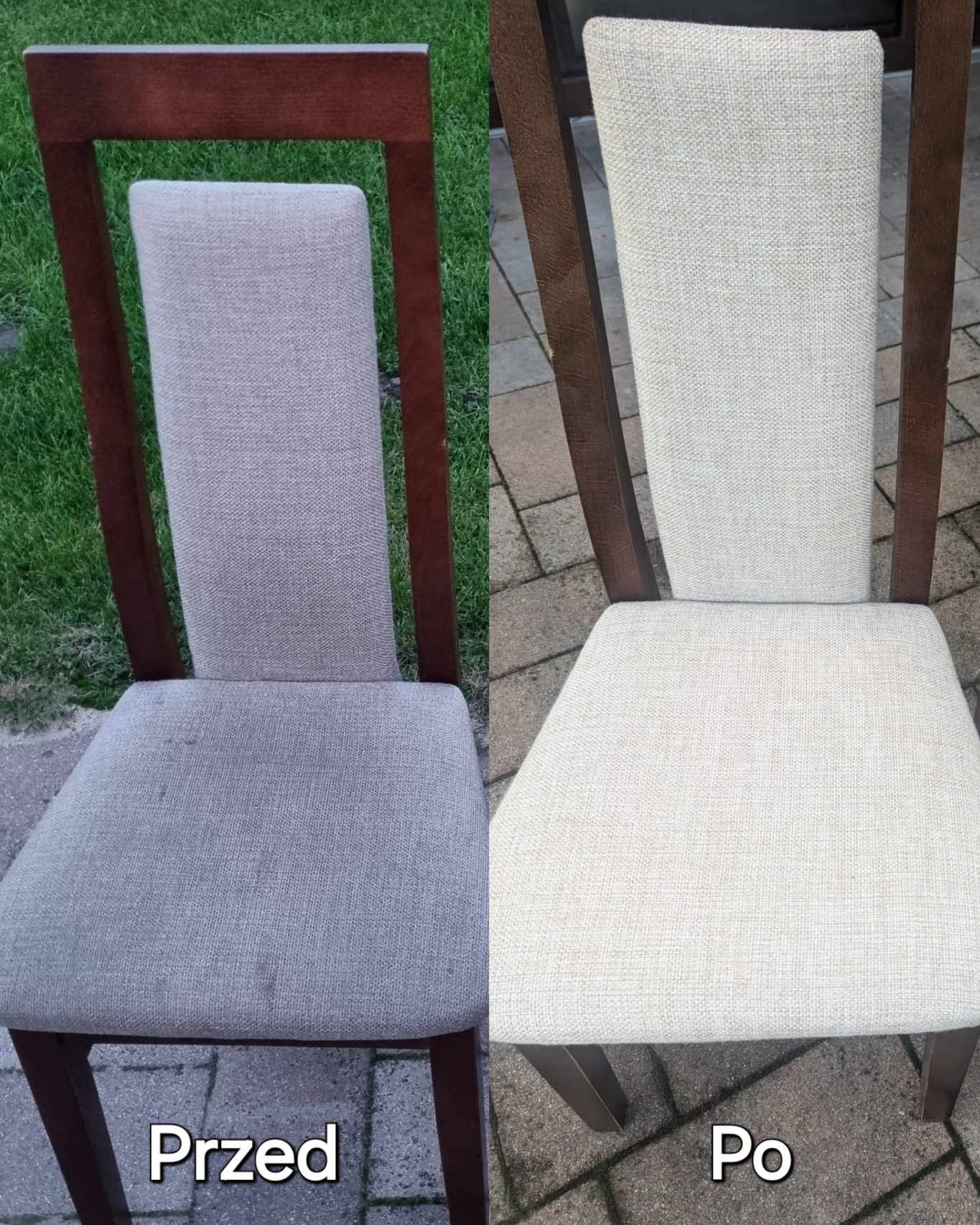 Krzesło tapicerowane z jasną tkaniną, widok przed i po czyszczeniu, z wyraźną różnicą w czystości tapicerki.