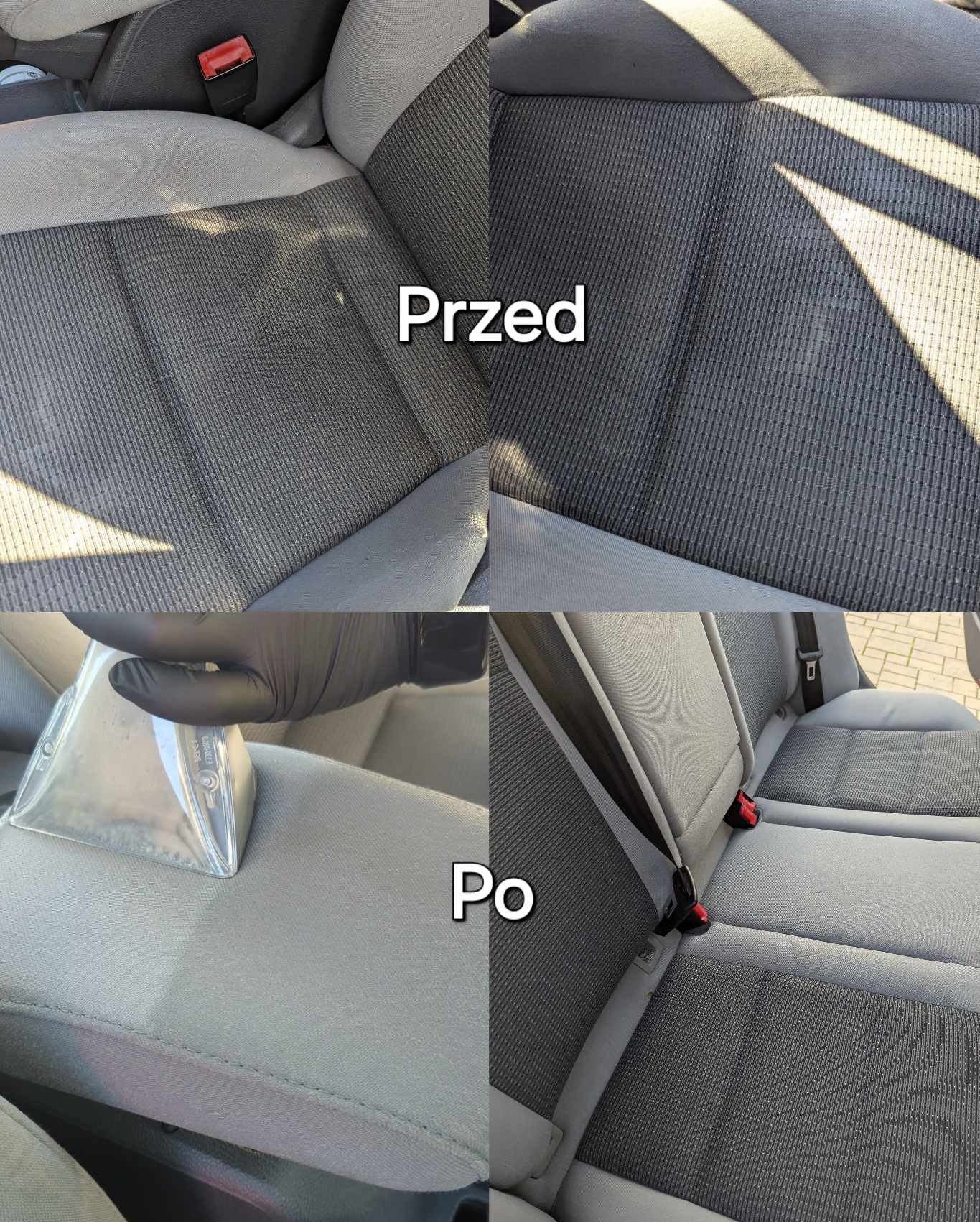 Czterodzielne zdjęcie przedstawia szarą tapicerkę samochodową przed i po czyszczeniu. Górna połowa pokazuje zabrudzone siedzenie, a dolna połowa pokazuje czyszczenie tapicerki ręcznym odkurzaczem...