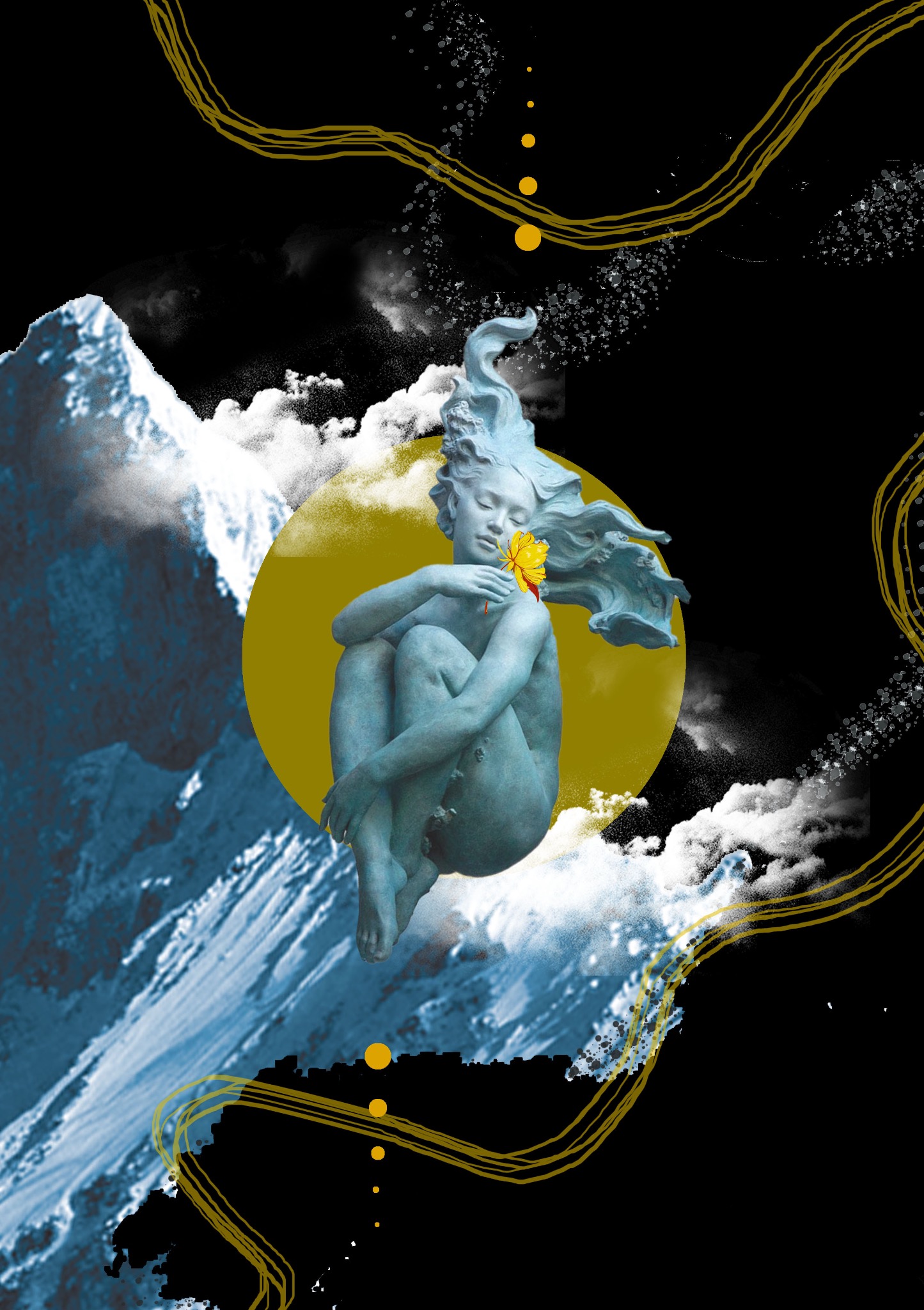 Kolaż przedstawiający posąg kobiety z kwiatem na tle góry, chmur i złotych linii na czarnym tle.