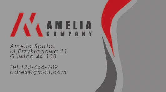 Szara wizytówka z czerwonym akcentem i logo firmy 'Kamelia Company' oraz danymi kontaktowymi.