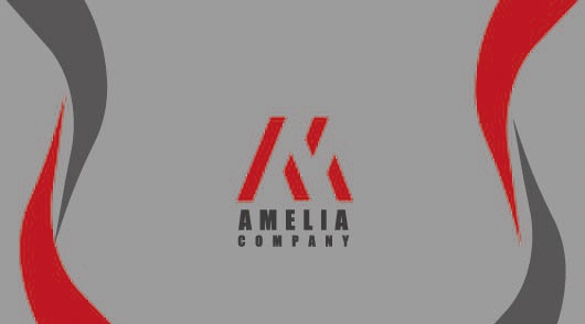 Minimalistyczne logo firmy 'Amelia Company' z czerwonym symbolem przypominającym literę 'M' lub 'K' na szarym tle z dekoracyjnymi szarymi i czerwonymi elementami po bokach.
