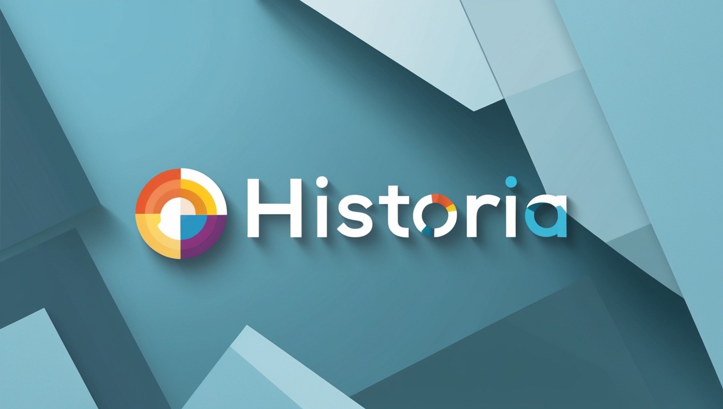 Graficzne logo firmy Historia z kolorowym okręgiem podzielonym na sektory, umieszczone na abstrakcyjnym tle w odcieniach błękitu.