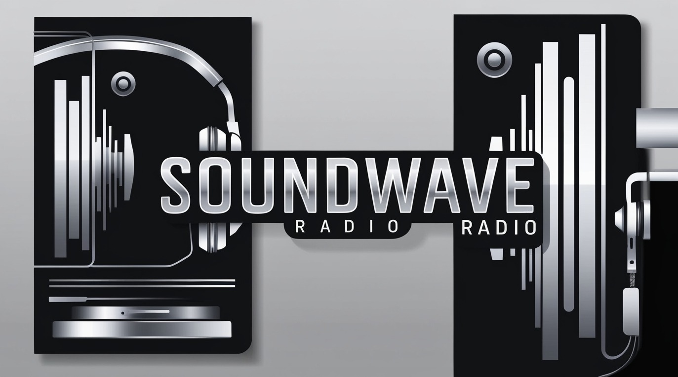 Graficzna ilustracja logo Soundwave Radio z elementami wizualizacji dźwięku i słuchawek w srebrno-czarnej kolorystyce.