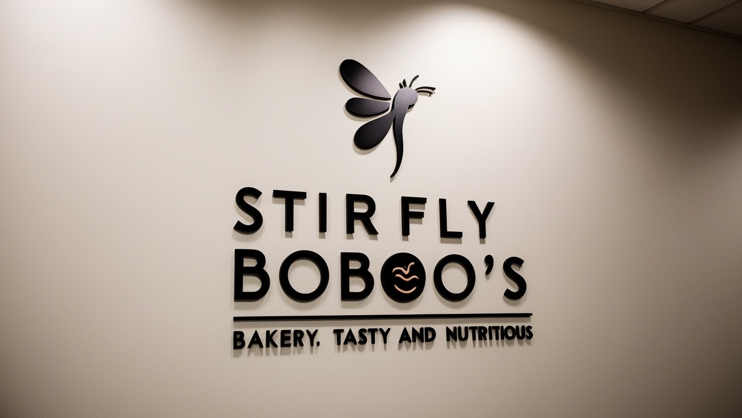 Eleganckie, czarne logo 'Stir Fly Boboo's Bakery, Tasty and Nutritious' z motywem stylizowanej ważki, zamontowane na jasnej ścianie. Litery i grafika mają trójwymiarowy efekt, tworząc subtelny cień.