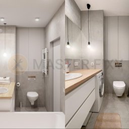 Master Fixy Sp. z o.o. - Porównanie projektu łazienki (po lewej) z jego realizacją (po prawej), ukazujące identyczny układ, ale różne wykończenie i detale, takie jak oświetlenie i akcesoria.