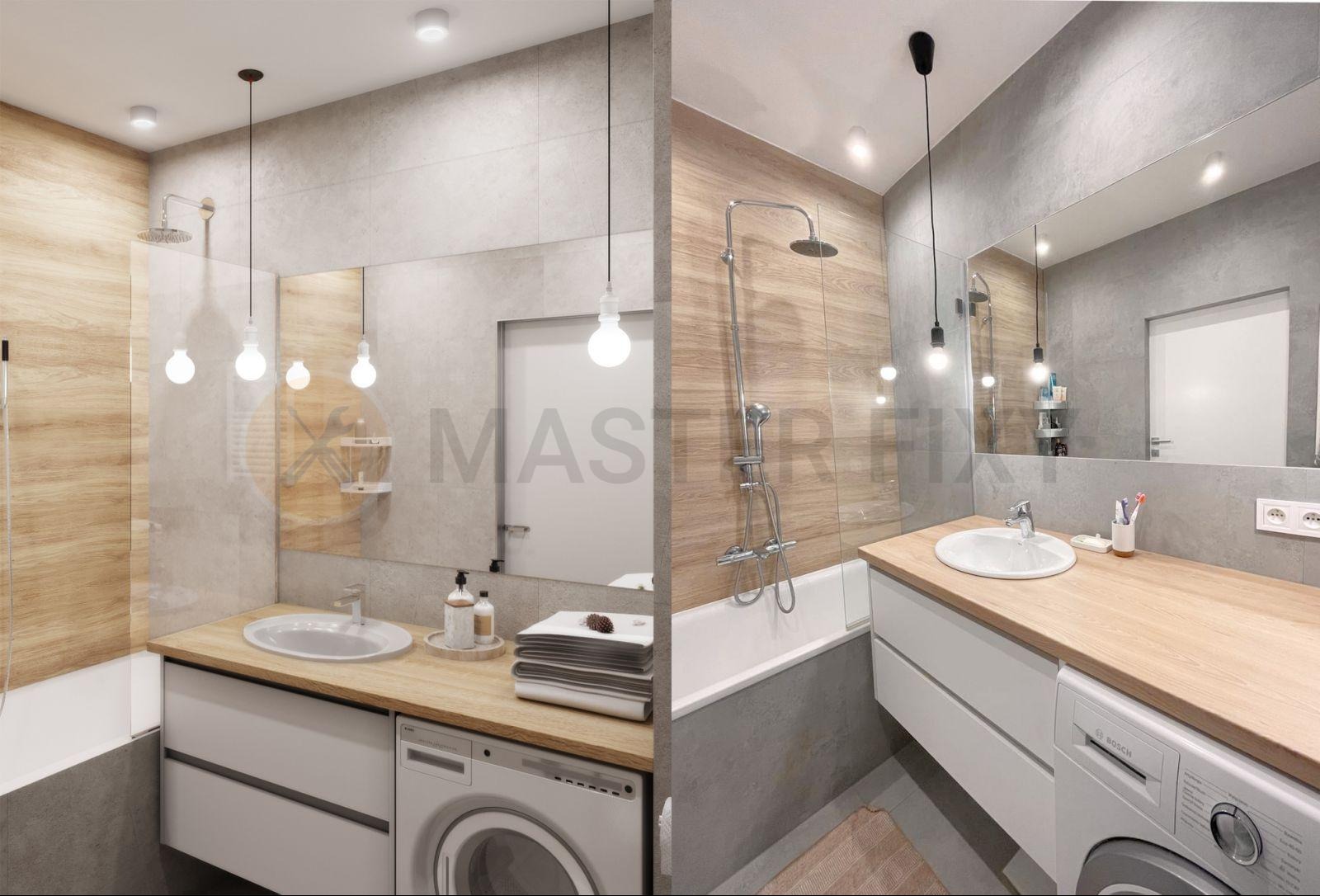 Porównanie projektu i realizacji łazienki: po lewej wizualizacja z trzema wiszącymi żarówkami, po prawej zrealizowana łazienka z drewnopodobną ścianą i czarną wiszącą żarówką, pralka pod blatem.