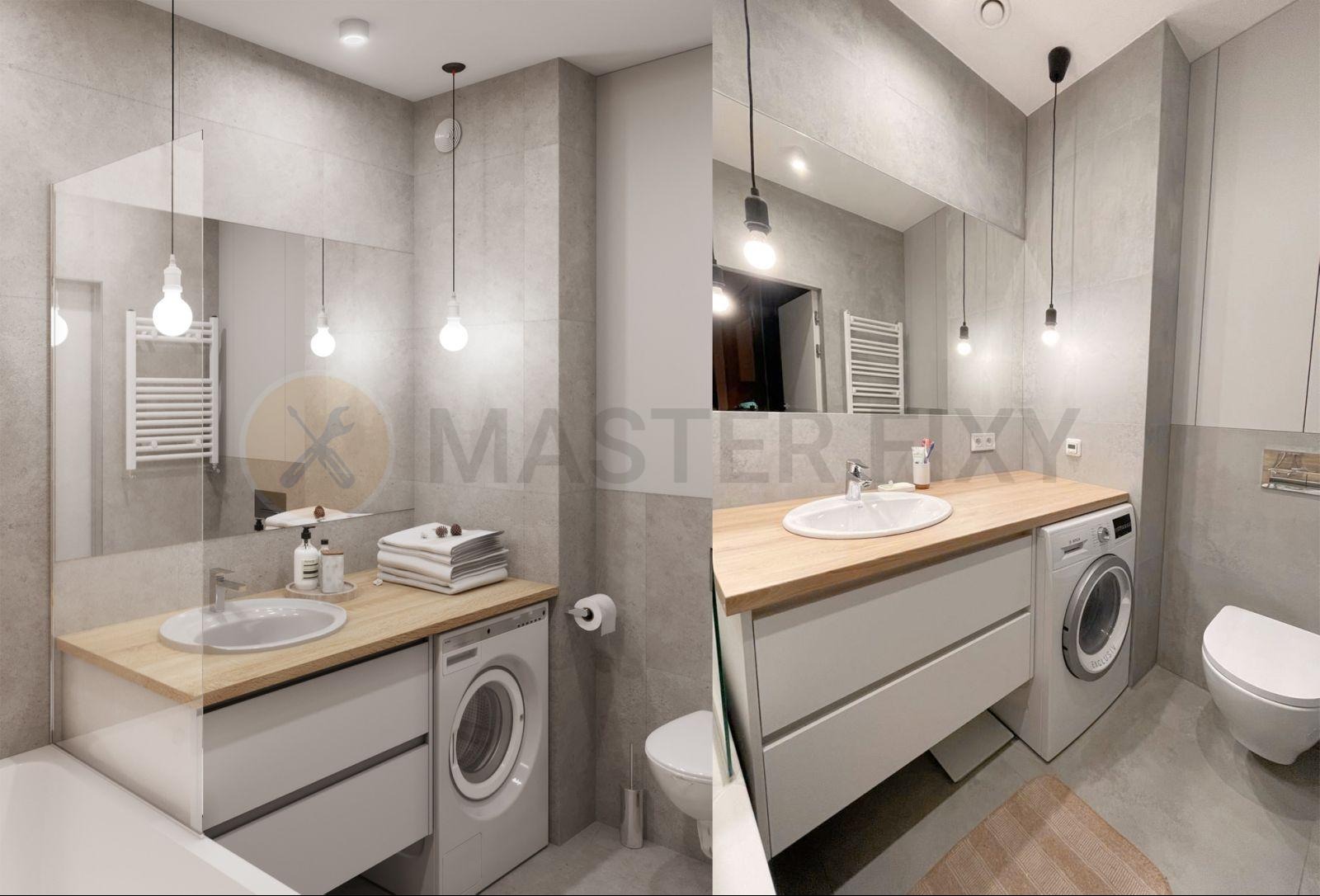 Projekt i realizacja łazienki w szarościach z drewnianym blatem, umywalką nablatową, pralką w zabudowie i wiszącymi lampami na długich przewodach.
