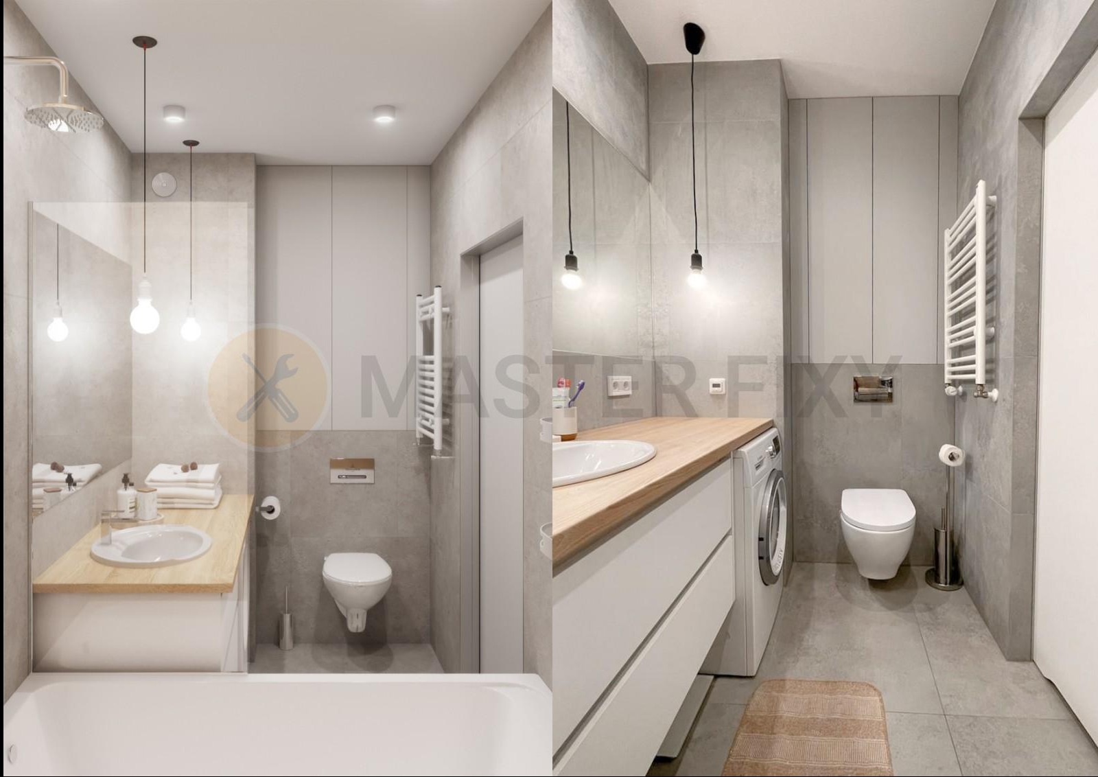 Porównanie projektu łazienki (po lewej) z jego realizacją (po prawej), ukazujące identyczny układ, ale różne wykończenie i detale, takie jak oświetlenie i akcesoria.