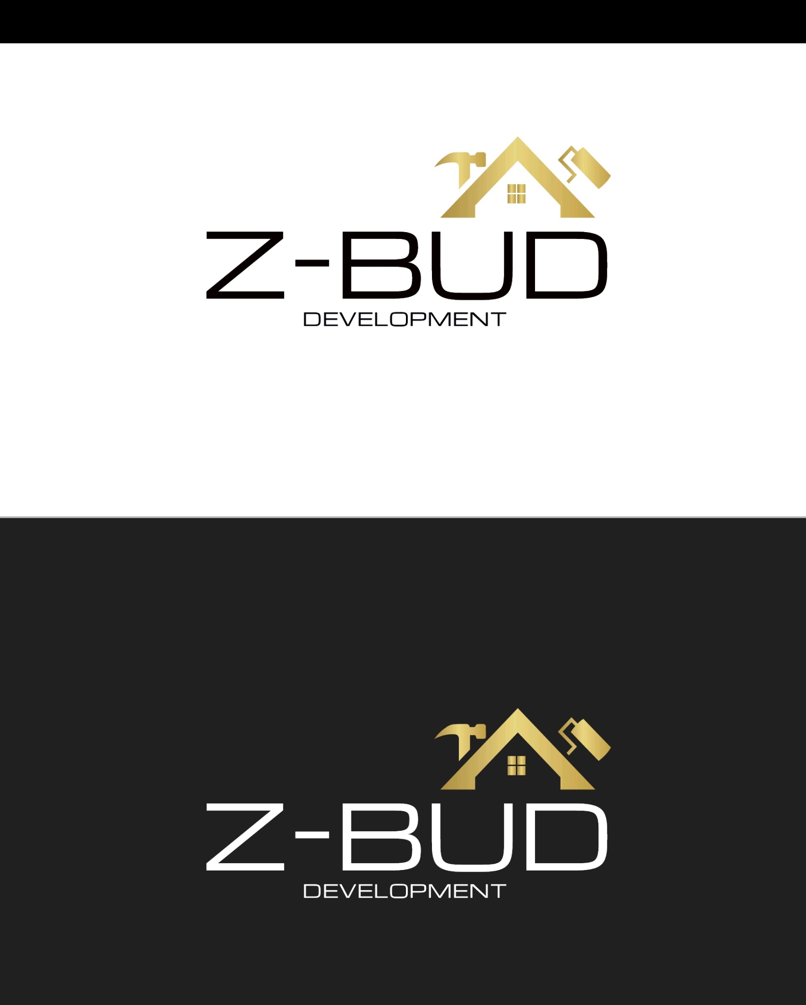 Logo firmy budowlanej Z-BUD Development z motywem domu, młotka i wałka do malowania w kolorze złotym na białym i czarnym tle.