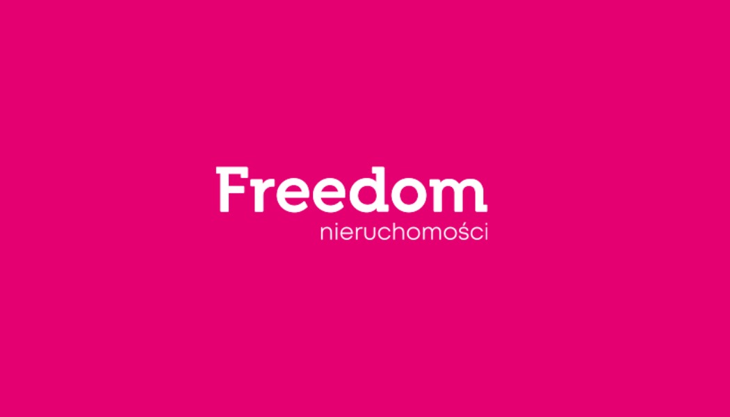 Logo firmy Freedom nieruchomości na fuksjowym tle.