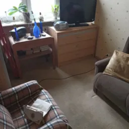 Pokój dzienny z telewizorem, komodą, stolikiem, kwiatami w doniczkach na parapecie oraz workiem do odkurzacza leżącym na fotelu w kratę.