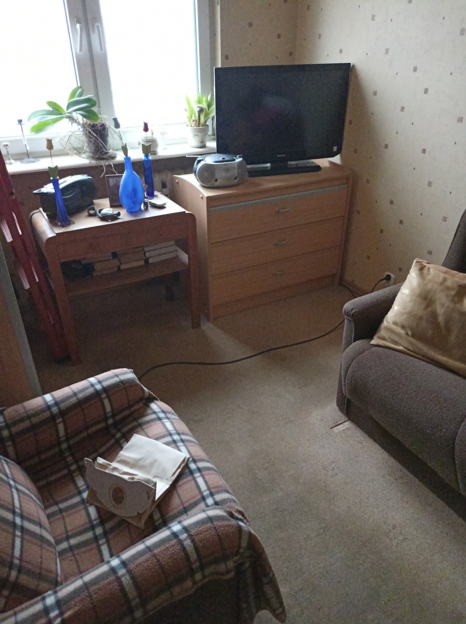 Pokój dzienny z telewizorem, komodą, stolikiem, kwiatami w doniczkach na parapecie oraz workiem do odkurzacza leżącym na fotelu w kratę.
