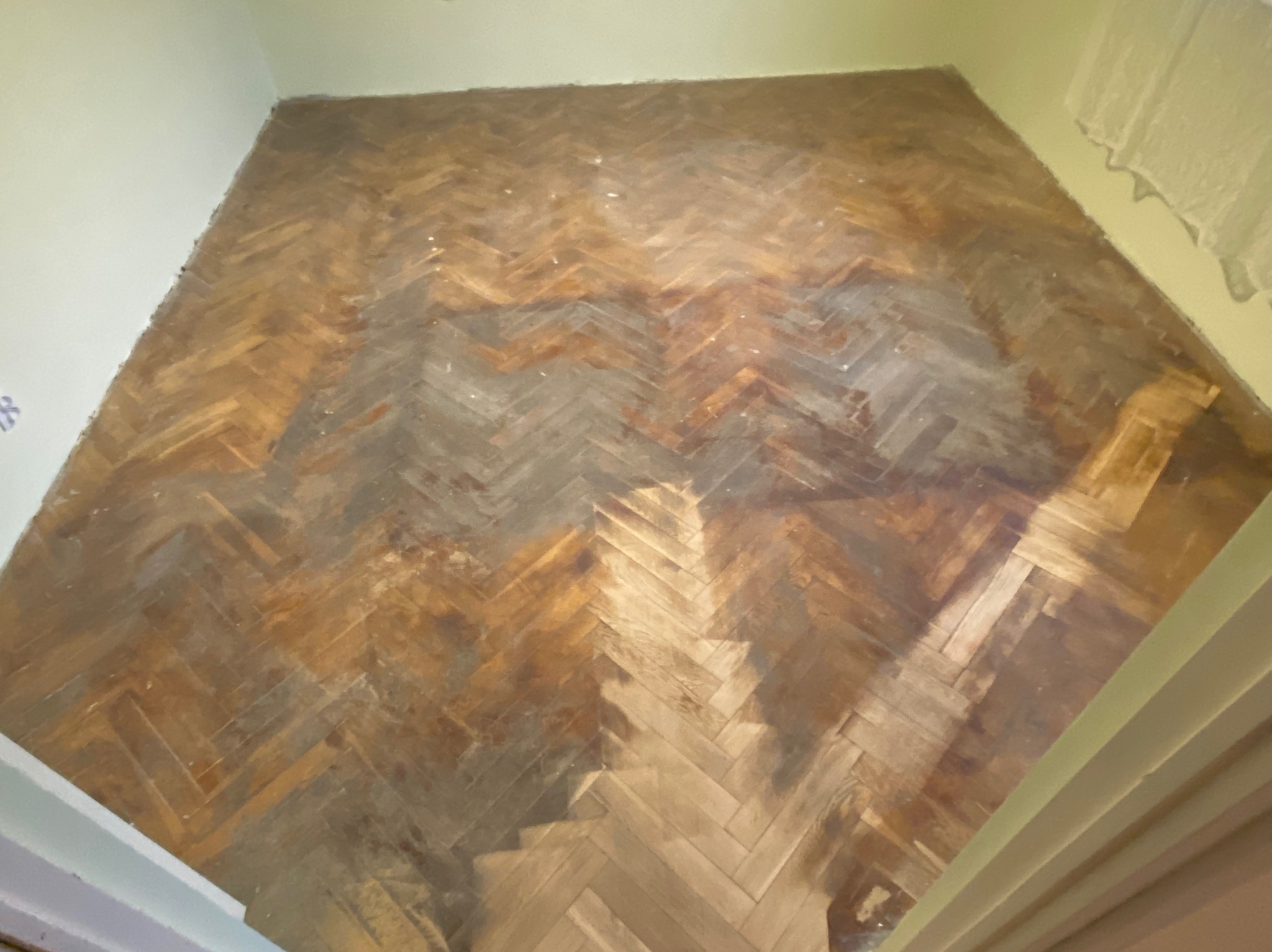 Parkiet ułożony w jodełkę przed cyklinowaniem, widoczne stare warstwy lakieru i miejscowe przebarwienia, ściany w kolorze jasnej zieleni.