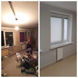 Expert-Bud - Porównanie pokoju przed i po remoncie: surowe ściany i prowizoryczne oświetlenie po lewej, gładkie, pomalowane ściany i nowe rolety w oknie po prawej.