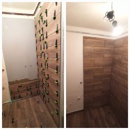 Expert-Bud - Dwa ujęcia: po lewej układanie płytek imitujących drewno w łazience, widoczne poziomice laserowe i klipsy poziomujące; po prawej fragment wykończonej ściany i podłogi z tych samych płytek, surowa...