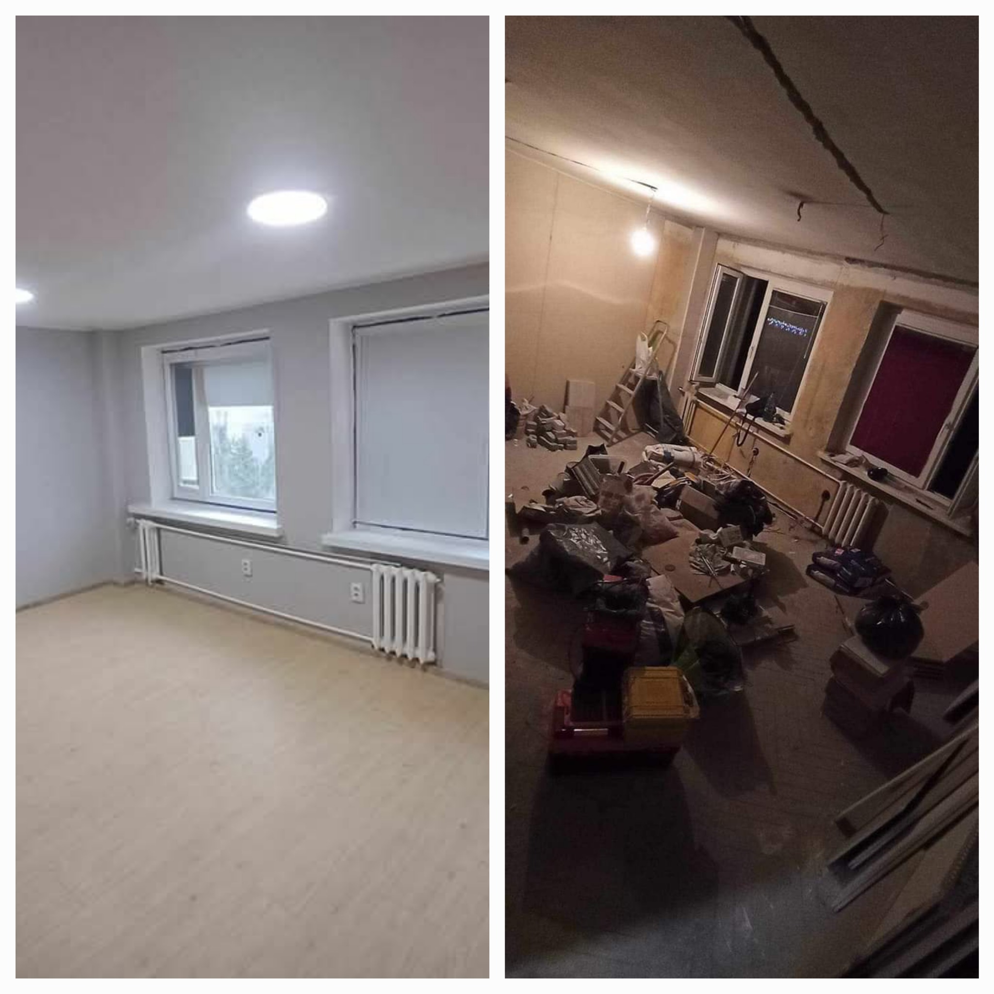 Porównanie pokoju przed i po remoncie: po lewej odnowione wnętrze z gładkimi ścianami, jasnym parkietem i nowymi oknami, po prawej pokój w trakcie remontu z widocznymi pęknięciami na suficie...