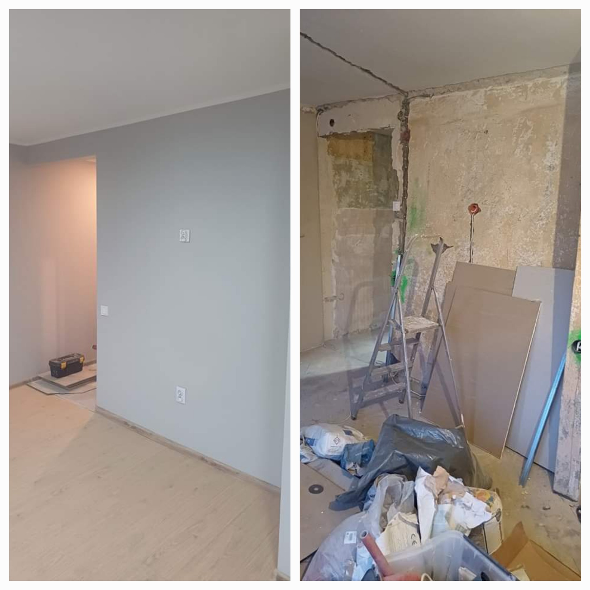 Porównanie stanu pokoju przed i w trakcie remontu: po lewej stronie świeżo pomalowane ściany na szaro i ułożone panele podłogowe, po prawej surowe ściany z odsłoniętą instalacją elektryczną...