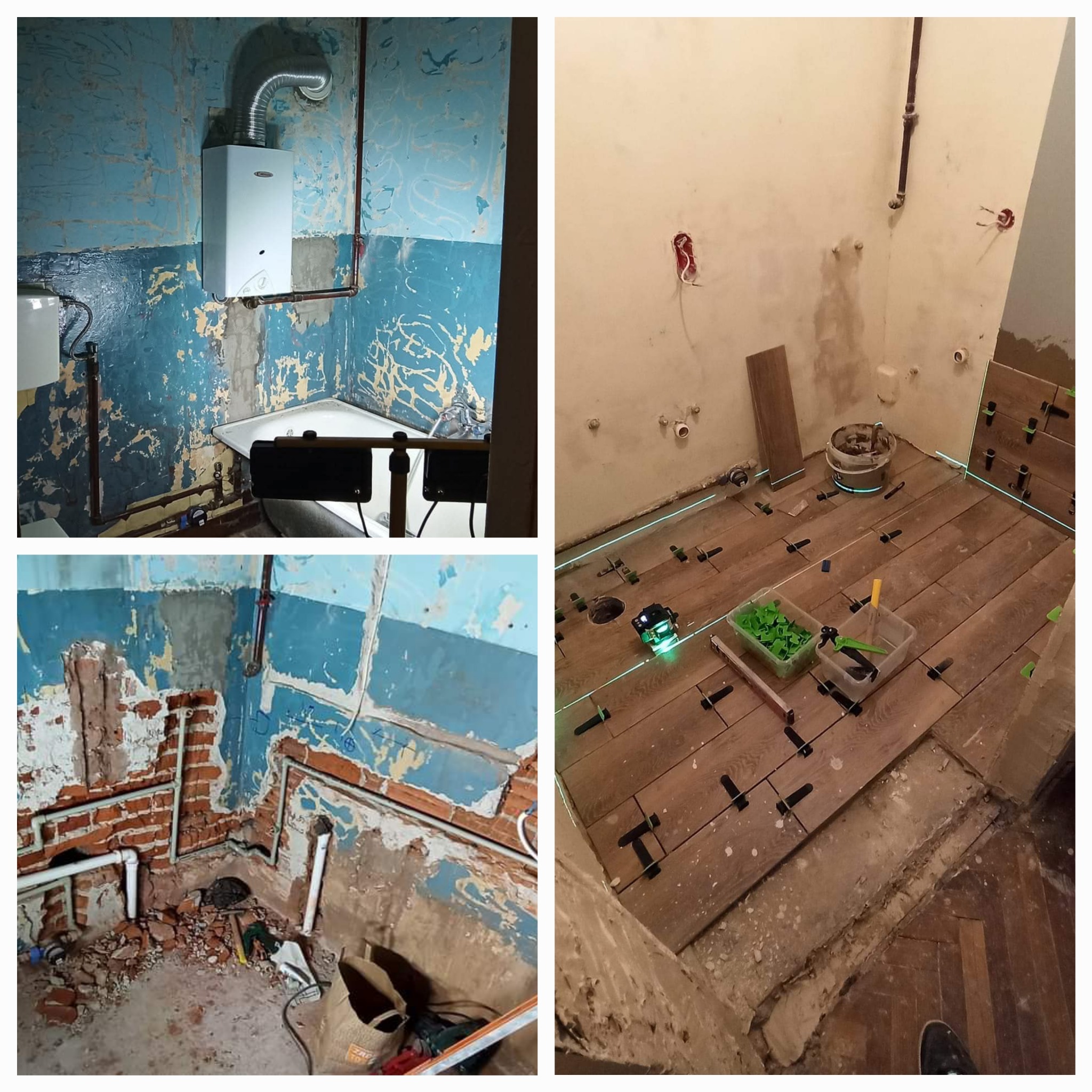 Zdjęcie przedstawia wnętrze łazienki w trakcie prac remontowych; widoczne fragmenty ścian z odpadającą farbą, instalacja grzewcza, ułożone brązowe płytki podłogowe z systemem poziomowania, laser...