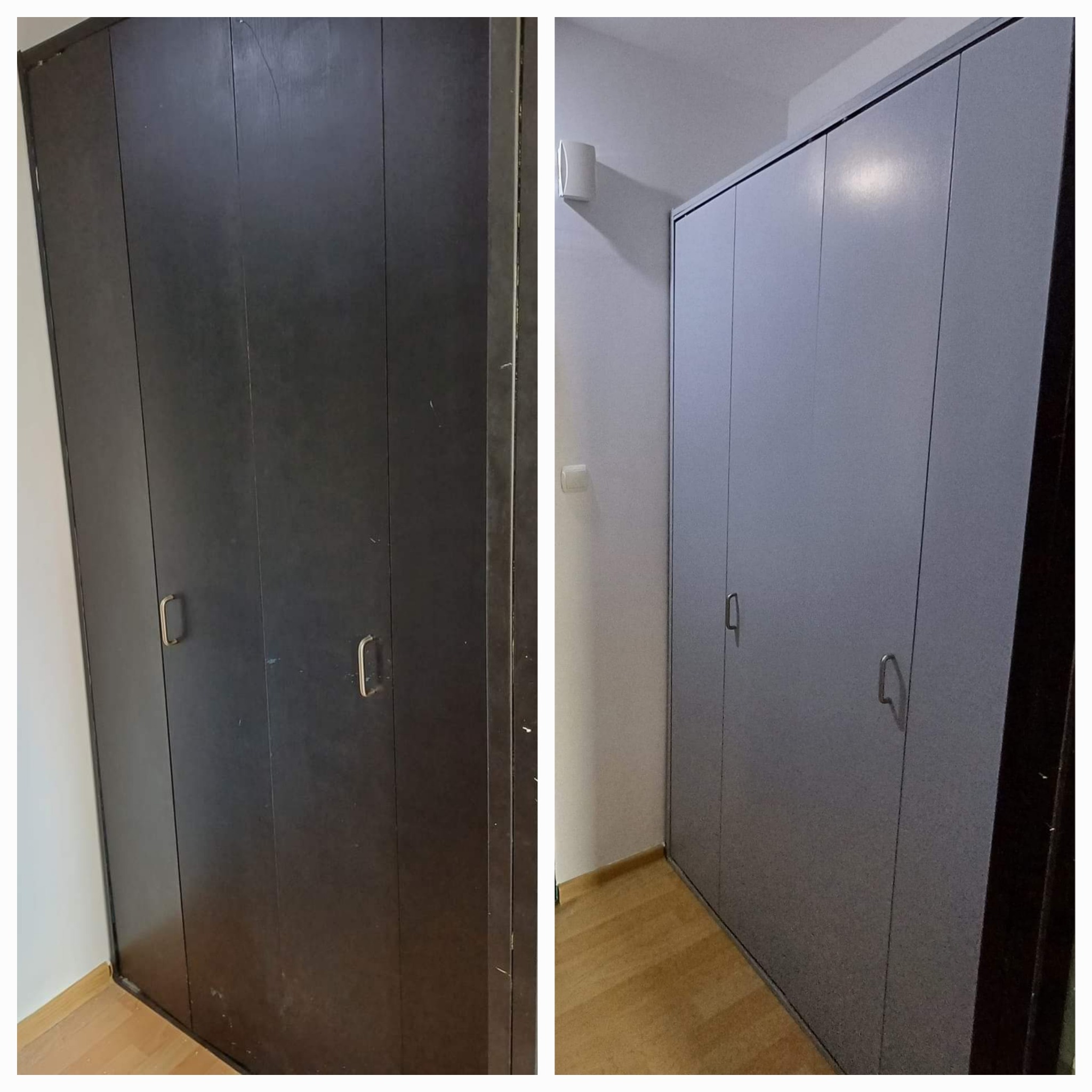 Porównanie szafy wnękowej przed i po odświeżeniu koloru: od ciemnego brązu do jasnej szarości, widoczne odświeżone drzwi szafy z nowymi uchwytami na tle jasnych ścian i drewnianej podłogi.