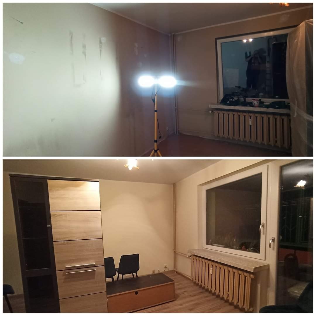 Pokój przed i po malowaniu: górna część zdjęcia przedstawia ścianę z widocznymi śladami po szpachlowaniu oświetloną lampą budowlaną, dolna część pokazuje odnowione wnętrze z meblami i grzejnikiem...