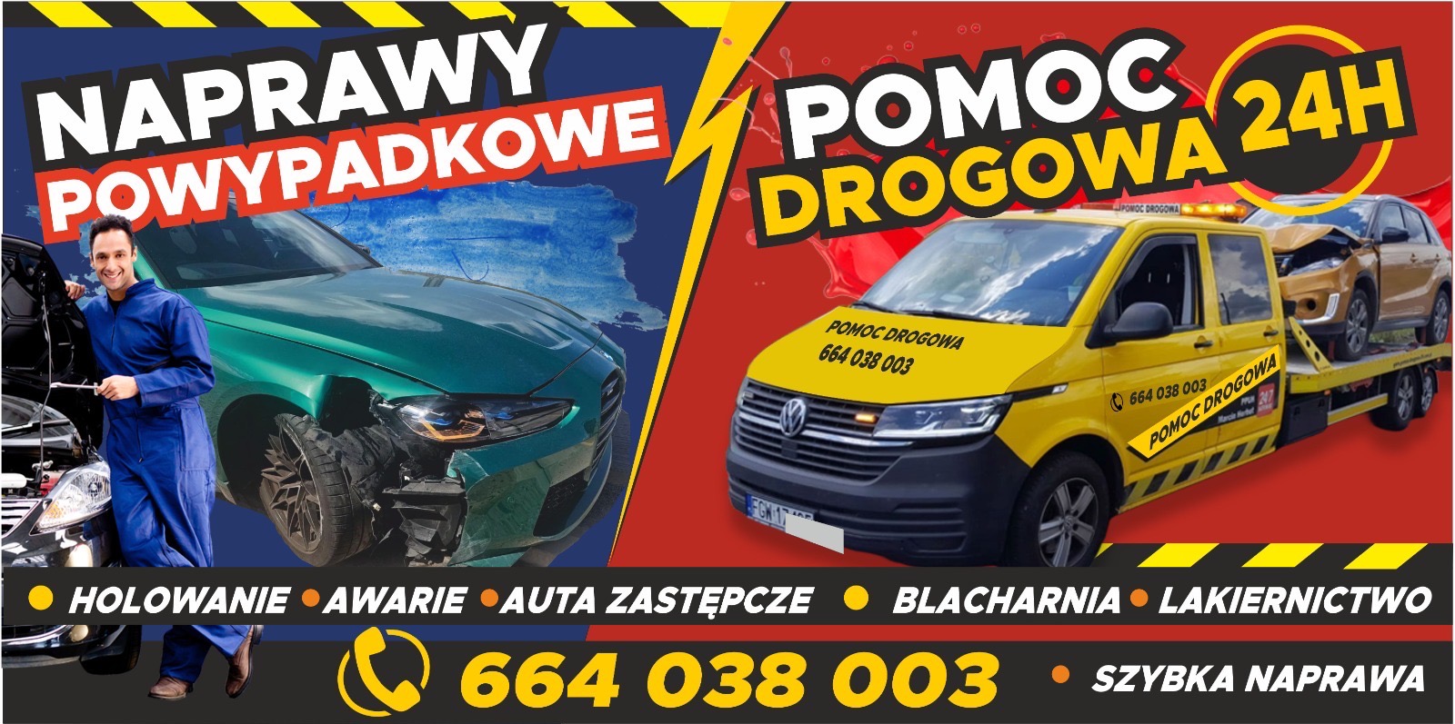 Żółta laweta z uszkodzonym autem i mechanik przy rozbitym zielonym samochodzie. Naprawy powypadkowe, pomoc drogowa 24h, holowanie, blacharnia, lakiernictwo. Numer telefonu.
