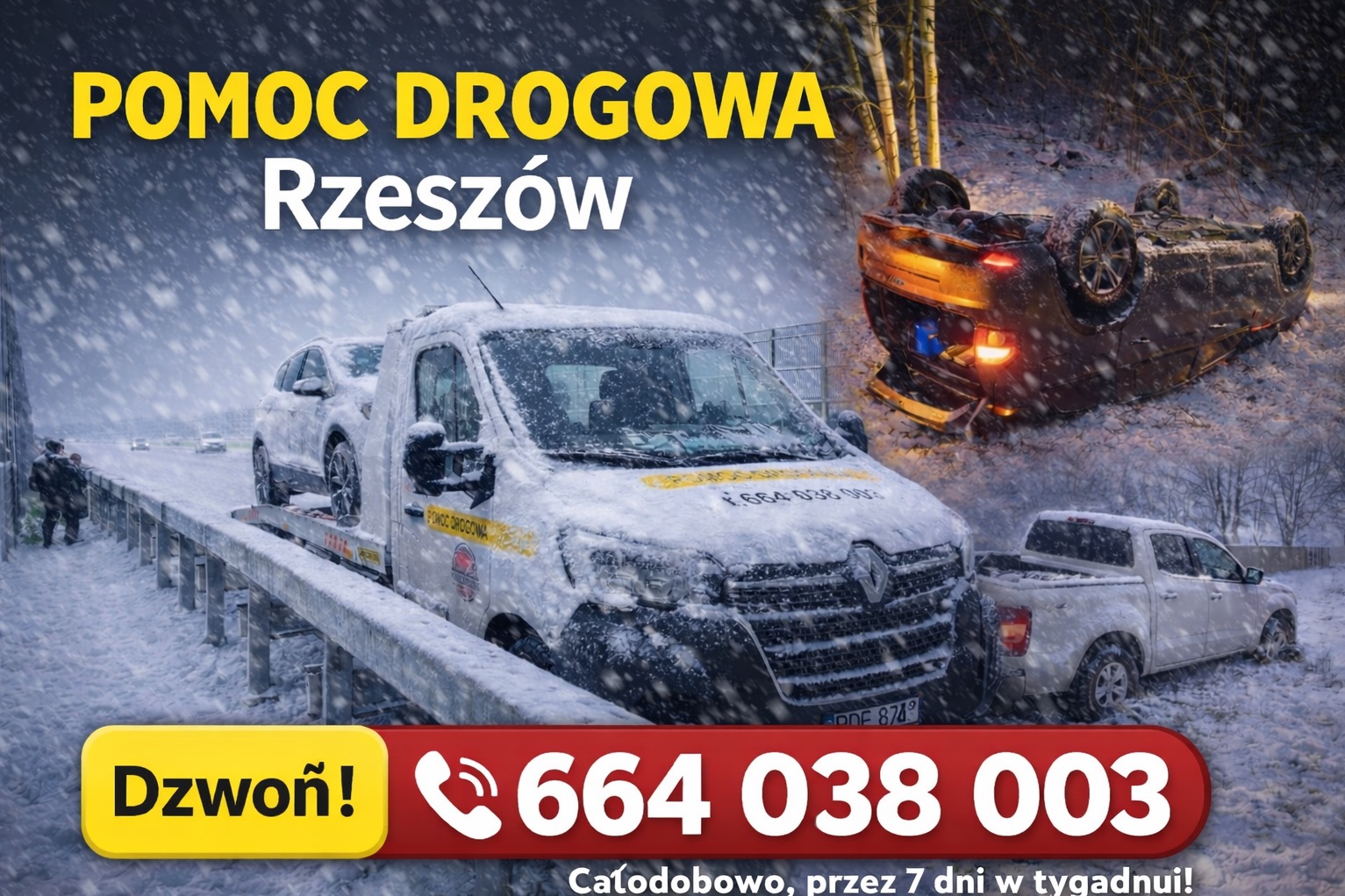 Laweta w zimowej scenerii Rzeszowa, holująca uszkodzony pojazd. Widoczny numer telefonu alarmowego i hasło 'Pomoc Drogowa'.