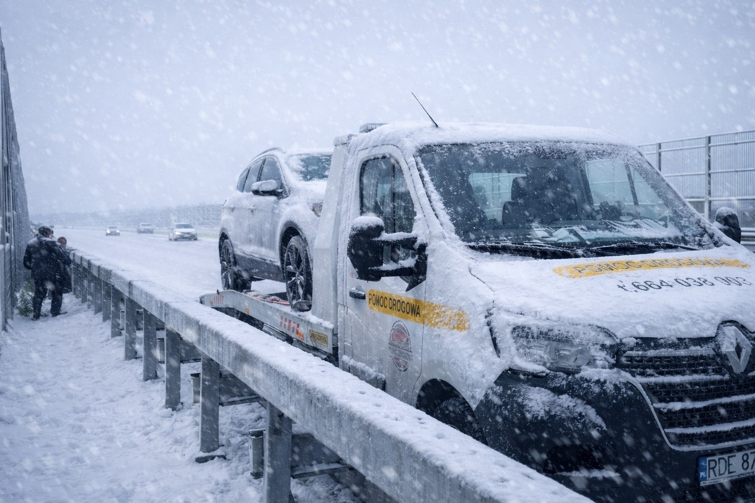 Laweta z załadowanym samochodem osobowym, oba pokryte śniegiem, stoją na poboczu drogi podczas intensywnych opadów śniegu. Widoczny numer telefonu i napis 'Pomoc Drogowa'.