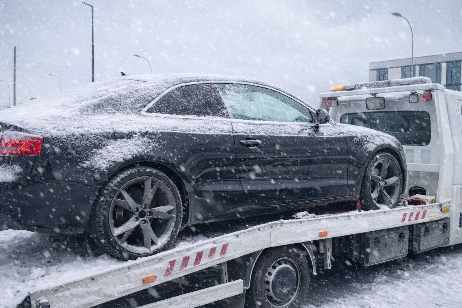 Czarny samochód osobowy, pokryty śniegiem, transportowany na białej lawecie w zimowy dzień. Widoczny budynek w tle i intensywne opady śniegu.