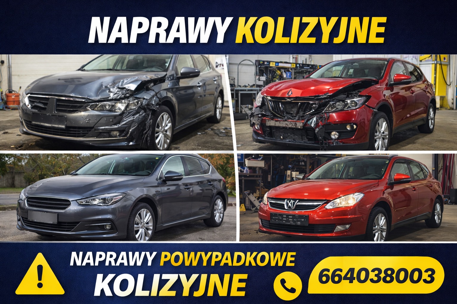 Naprawa powypadkowa: kolaż prezentujący uszkodzone i naprawione auta. Szary i czerwony samochód przed i po naprawie blacharsko-lakierniczej. Numer telefonu.